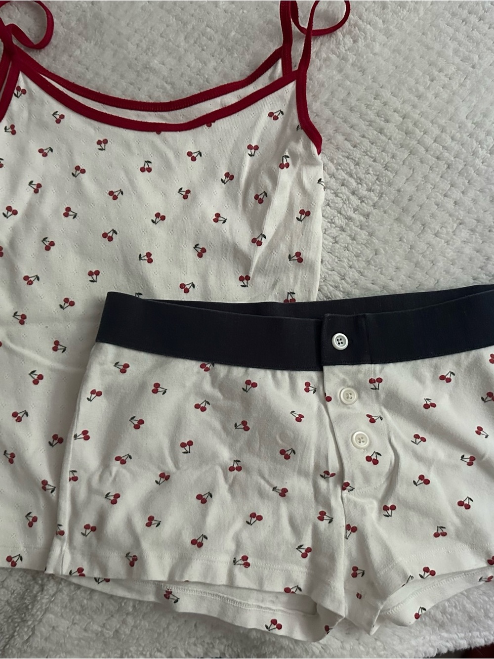Brandy Melville White Cherry Print Tank and Shorts Set with Red Trim cherry